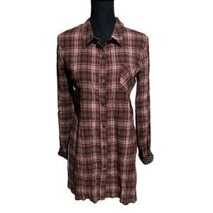 Hem & Thread Red-Brown Plaid Button Front Tunic Top Women's M Medium